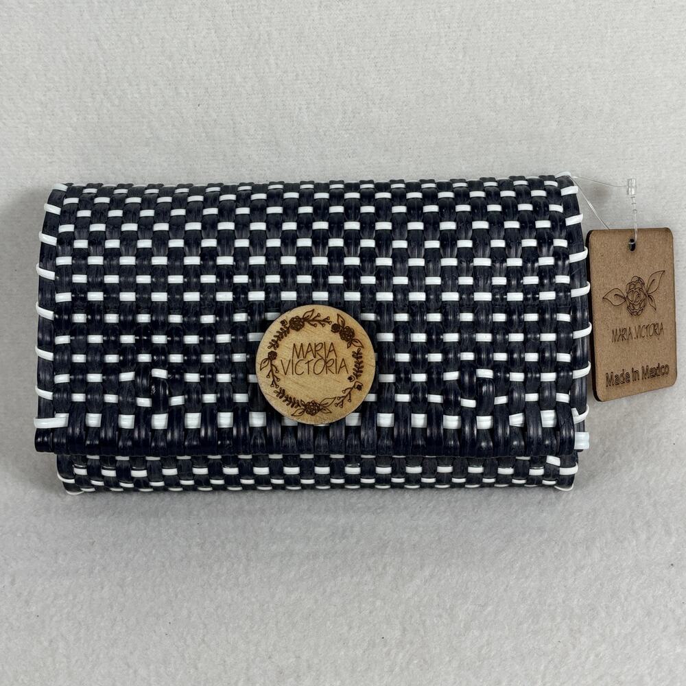 Maria Victoria Navy White Checker Handwoven Recycled Plastic Trifold Clutch